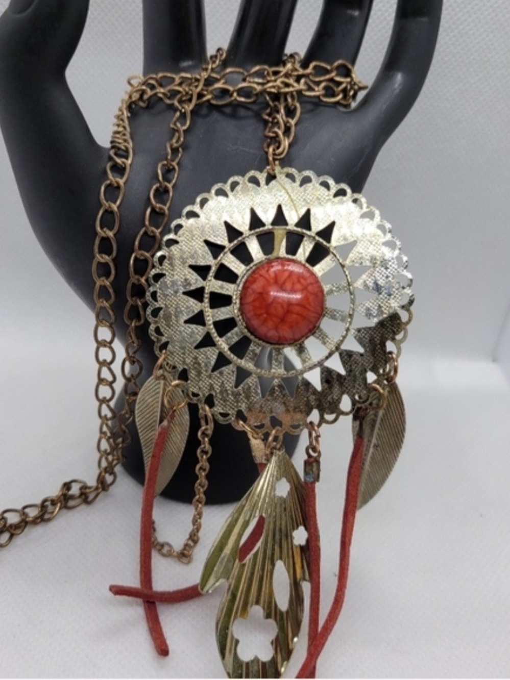 Gold-Tone Dreamcatcher Pendant Boho Necklace with Cabochon Center